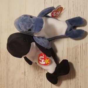 Rare Pair Vintage 1996 Ty Beanie Babies Echo the Whale & Waves the Dolphin NWT